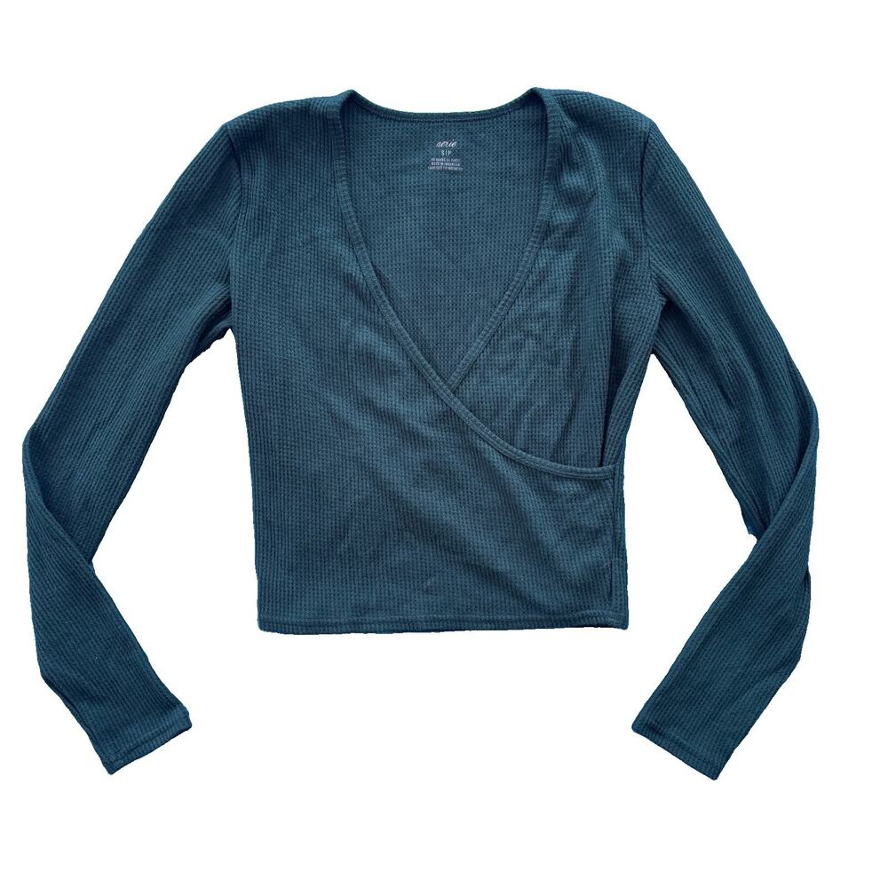 Aerie Soft V Neck Emerald Green Thermal Long Sleeve Wrap Size Small